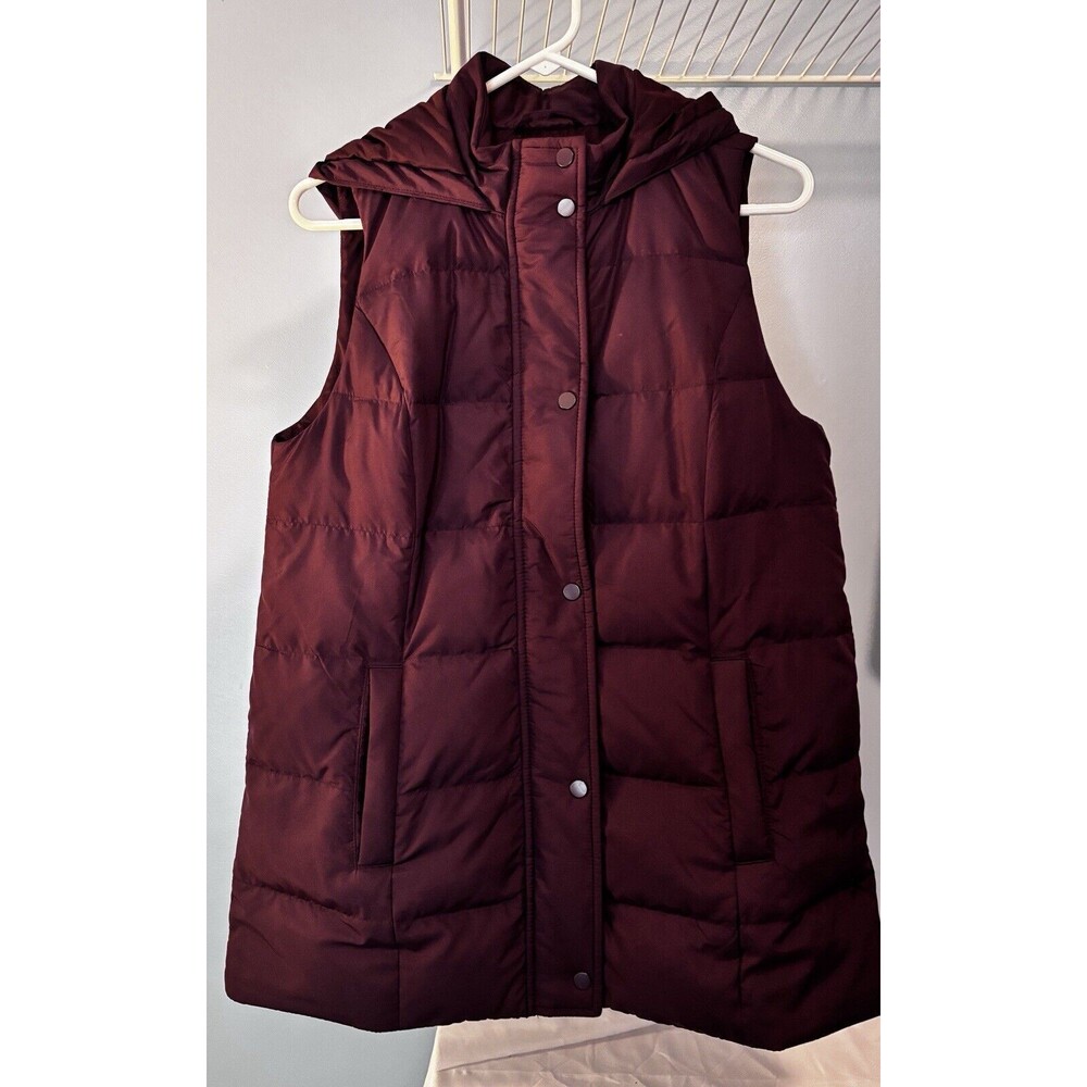 J Jill Down Puffer Vest Womens Small Petite Plum Purple Hooded Sleeveless